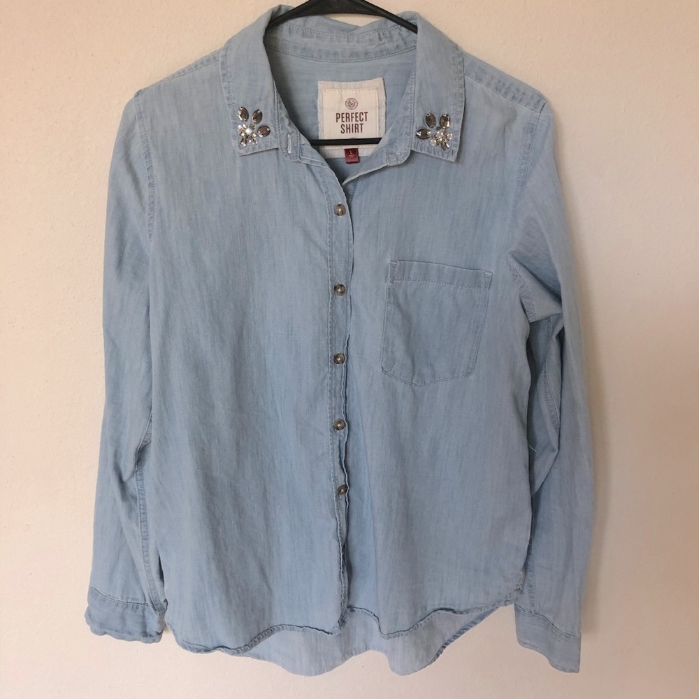 SO Chambray Blue Button Up Top with Embellished Collar